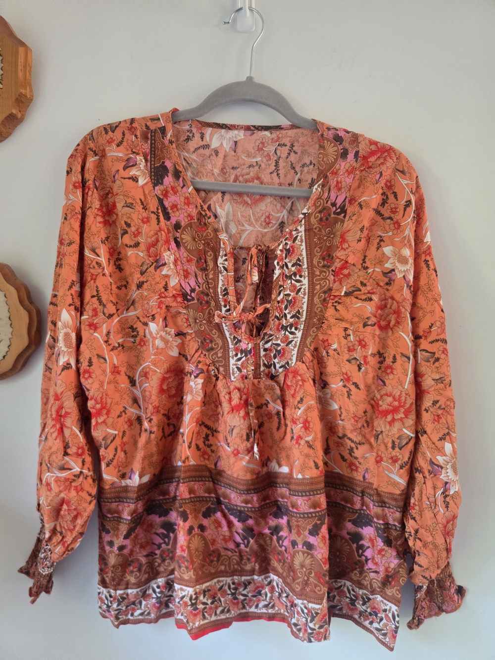 Womens Orange Floral Peasant Blouse - Boho Tie-Neck Top